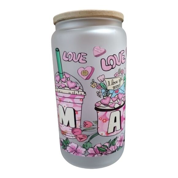 New Love Mama handmade UVDTF - Frosted Glass Cup with bamboo lid‎ & straw - Picture 1 of 9